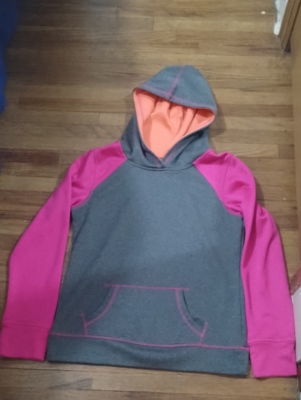 Girls' Hooded Pullover Sweatshirt - Gray with Pink and Orange Trim